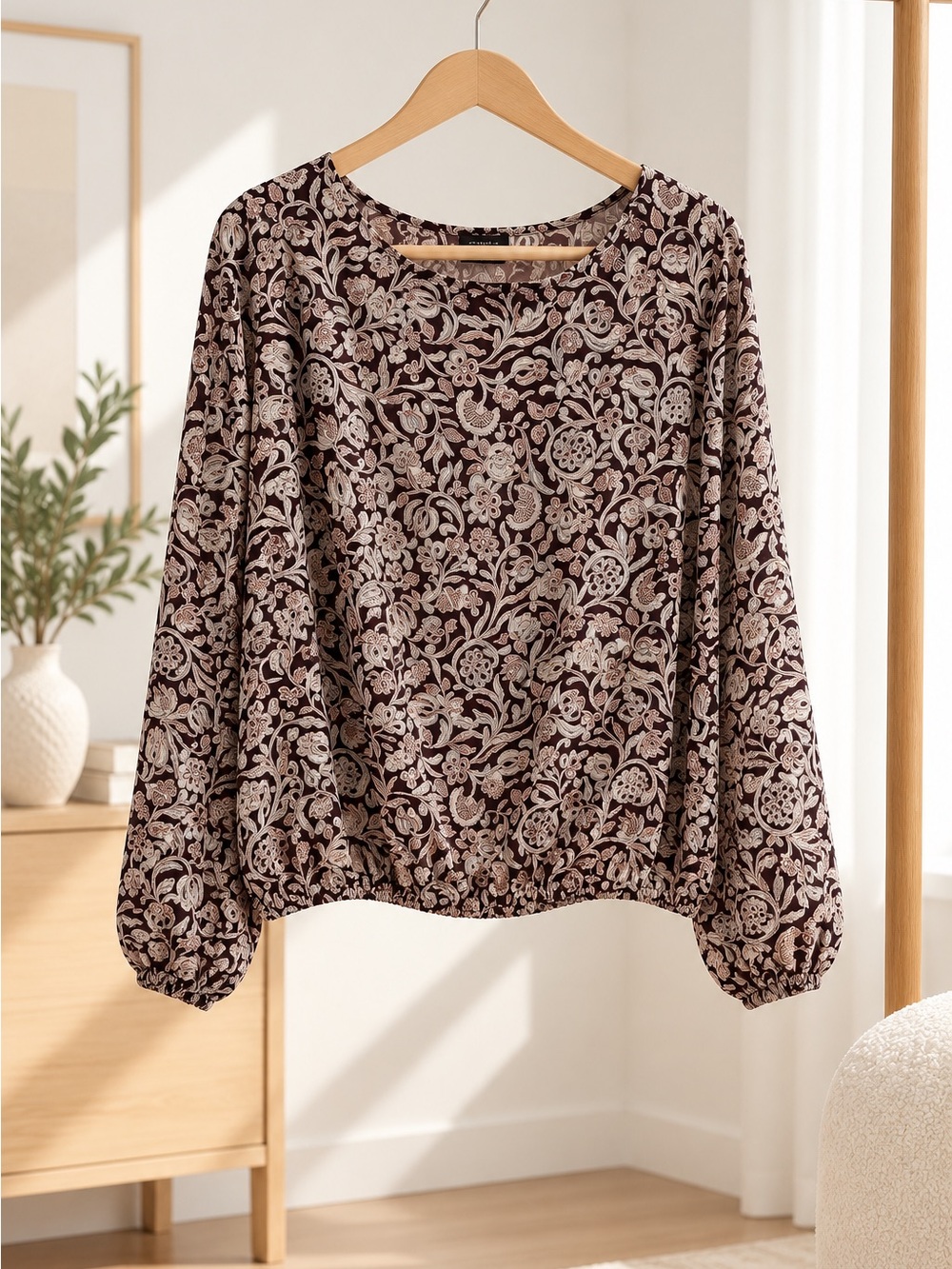 Ann Taylor Factory Floral Blouse with Balloon Sleeves & Elastic Waist